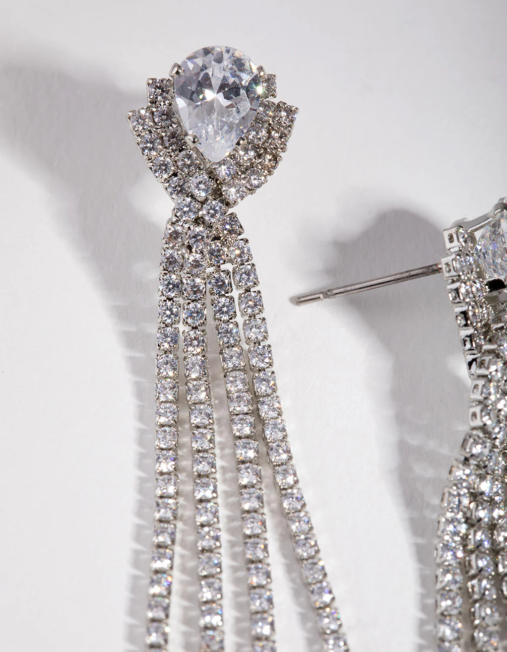Silver Cubic Zirconia Cupchain Fringe Drop Earrings - Image 2