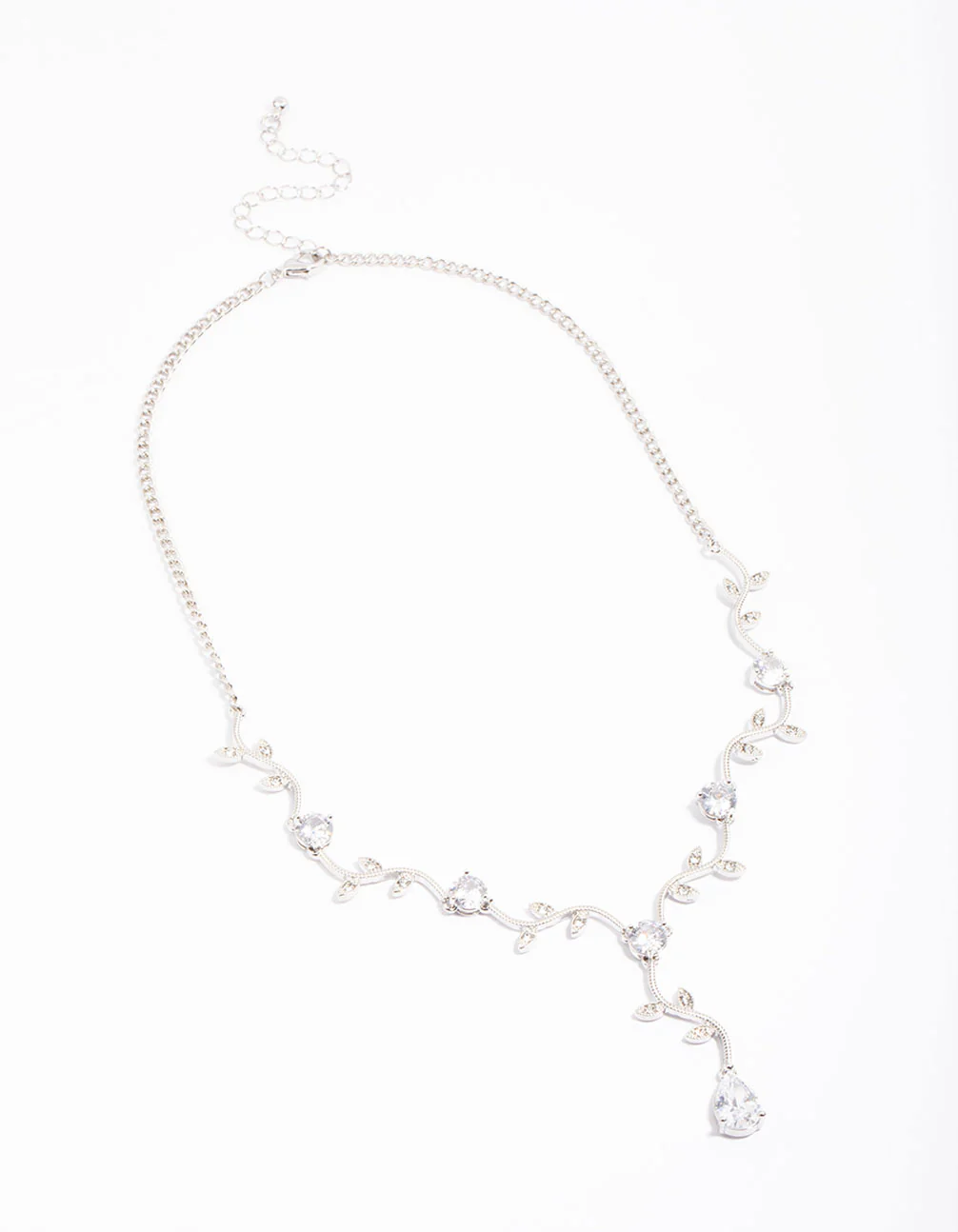 Silver Cubic Zirconia Floral Teardrop Y-Shape Necklace - Image 2