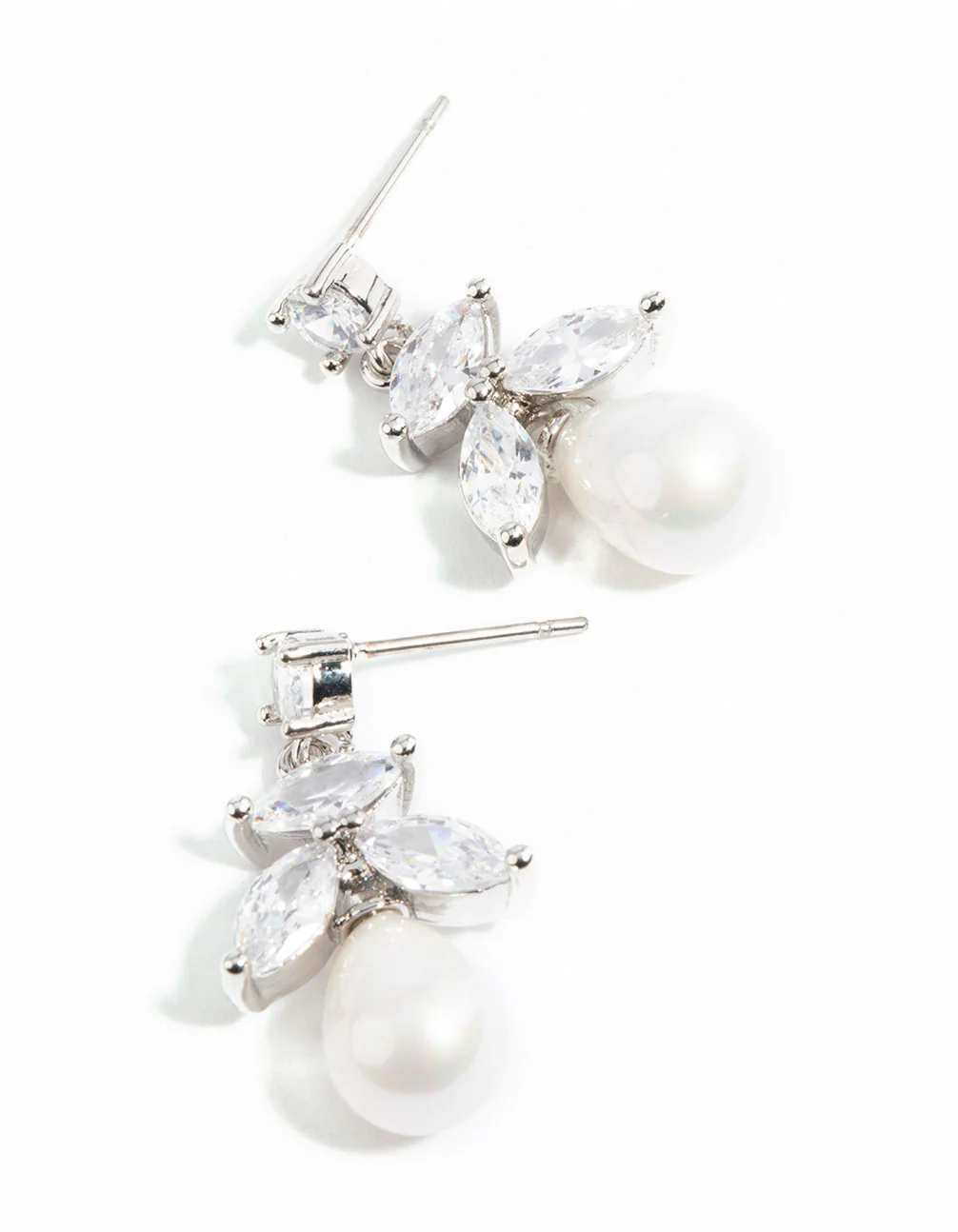 Silver Cubic Zirconia Leaf & Pearl Drop Earrings - Image 2