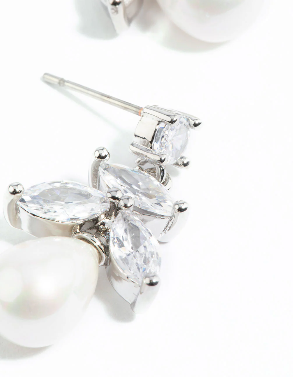 Silver Cubic Zirconia Leaf & Pearl Drop Earrings - Image 3