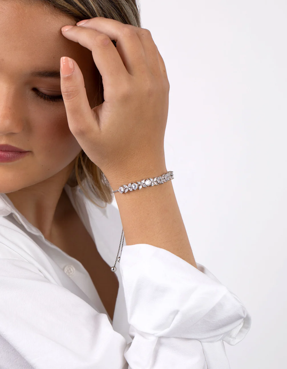 Silver Cubic Zirconia Navette Flower Toggle Tennis Bracelet - Image 2