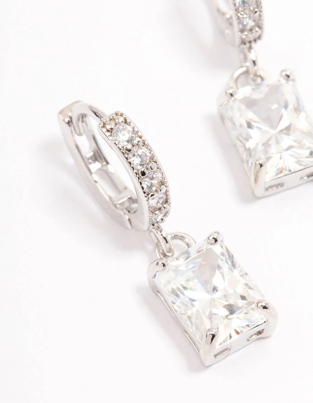 Silver Cubic Zirconia Rectangle Mini Huggie Earrings - Image 2