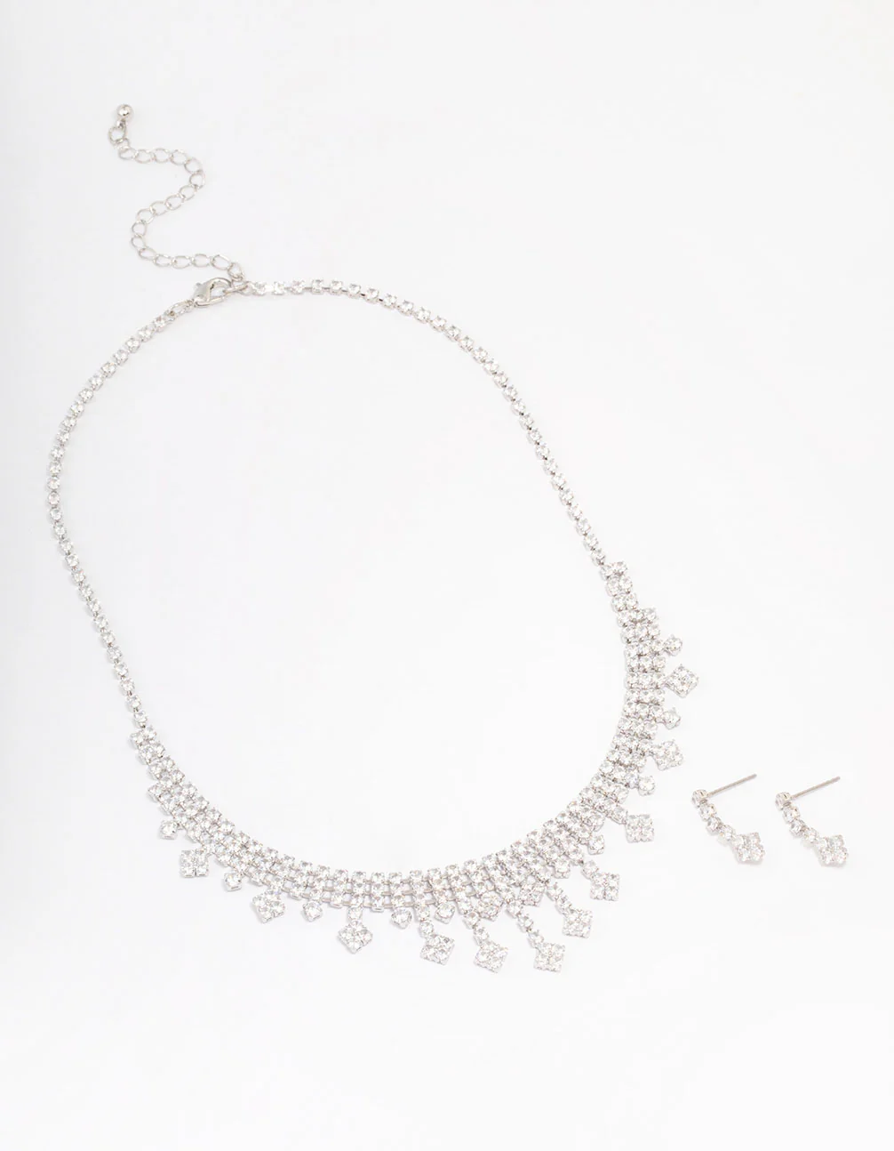 Silver Cubic Zirconia Statement Diamond Earrings & Necklace Set - Image 2