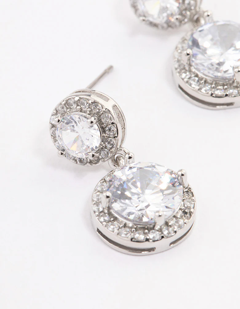 Silver Double Halo Round Drop Earrings - Image 2