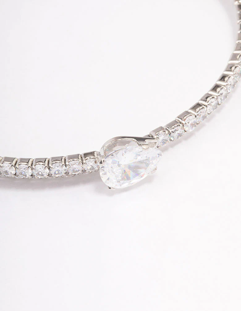 Silver Double Pointed Cubic Zirconia Bangle - Image 2