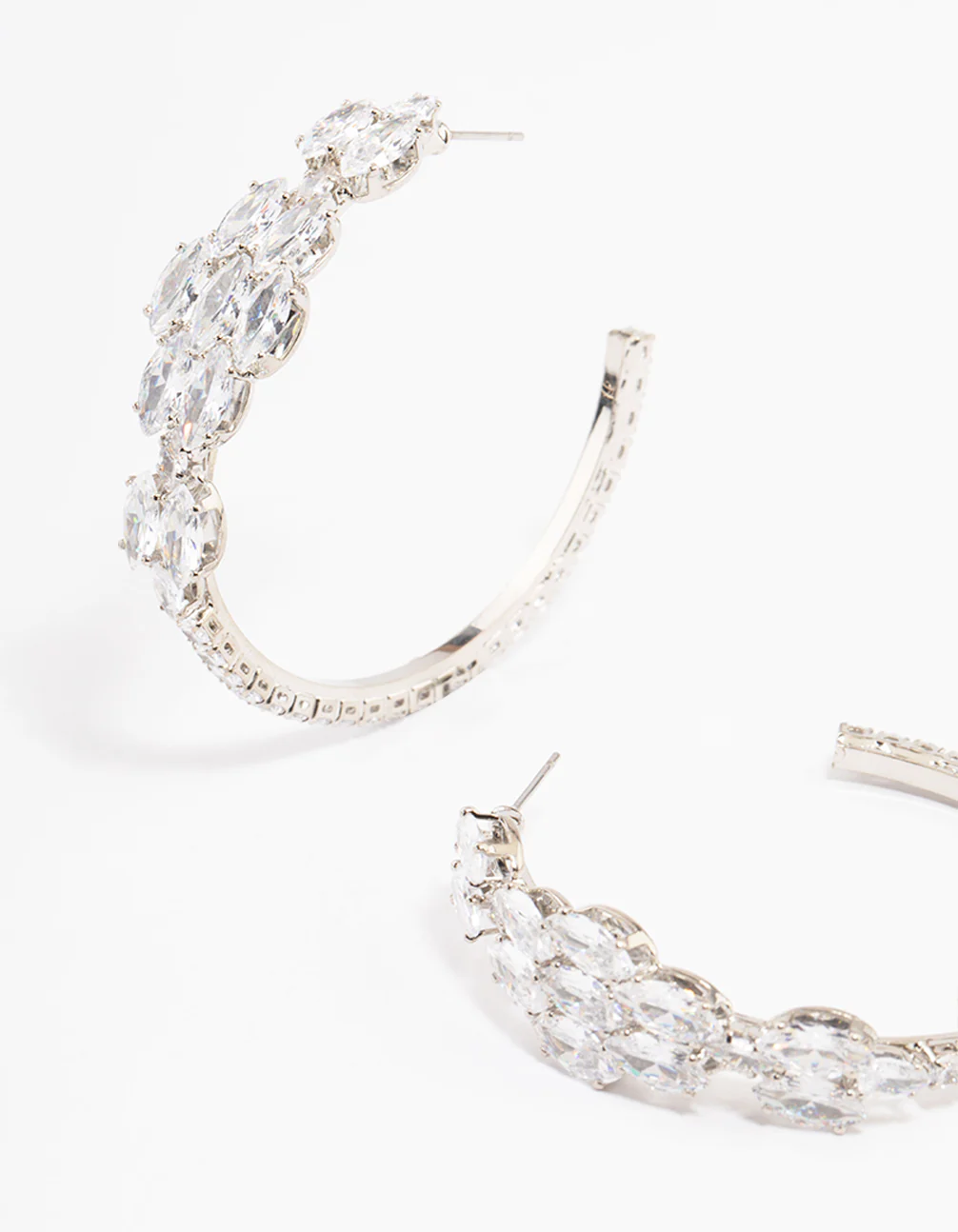 Silver Diamante Baguette Statement Hoop Earrings - Image 2