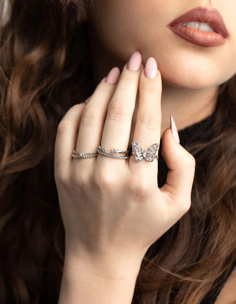 Rhodium Cubic Zirconia Butterfly Ring Stack Pack - Image 2