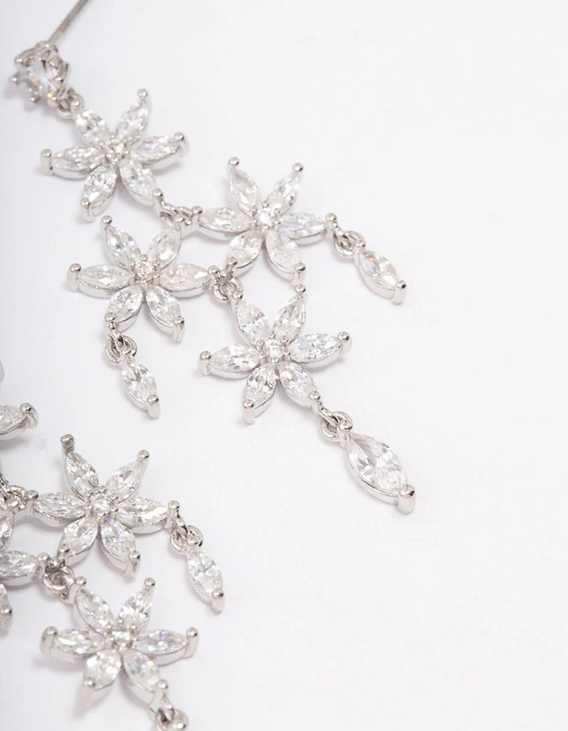 Silver Cubic Zirconia  Flower Chandelier Drop Earrings - Image 3
