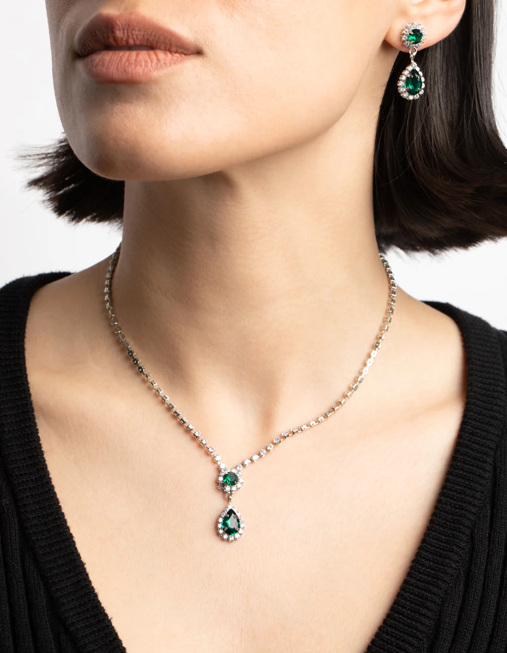 Silver Pear Pendant Necklace & Earrings Set - Image 2
