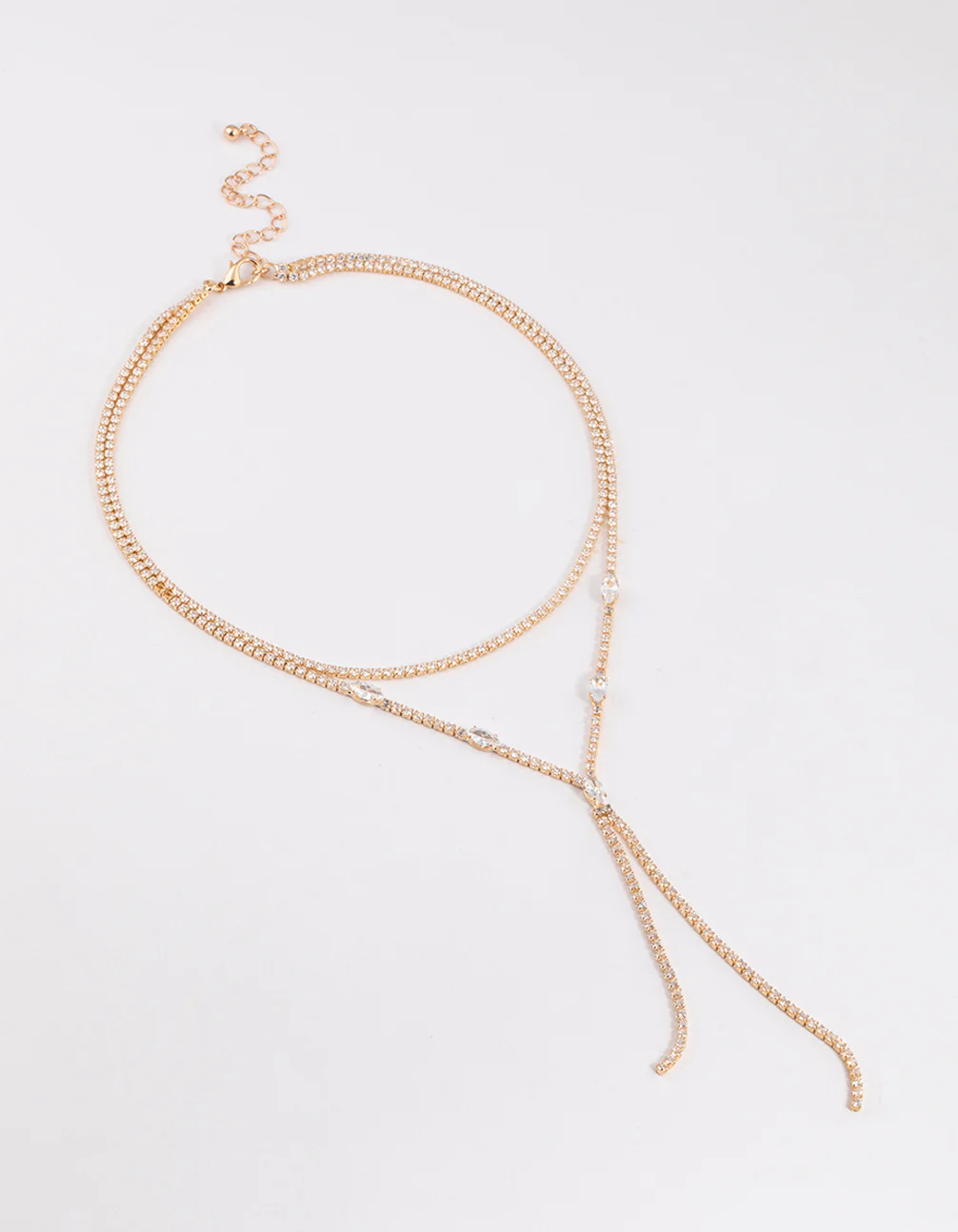 Gold Cubic Zirconia Double Row Split Y-Shaped Necklace - Image 2