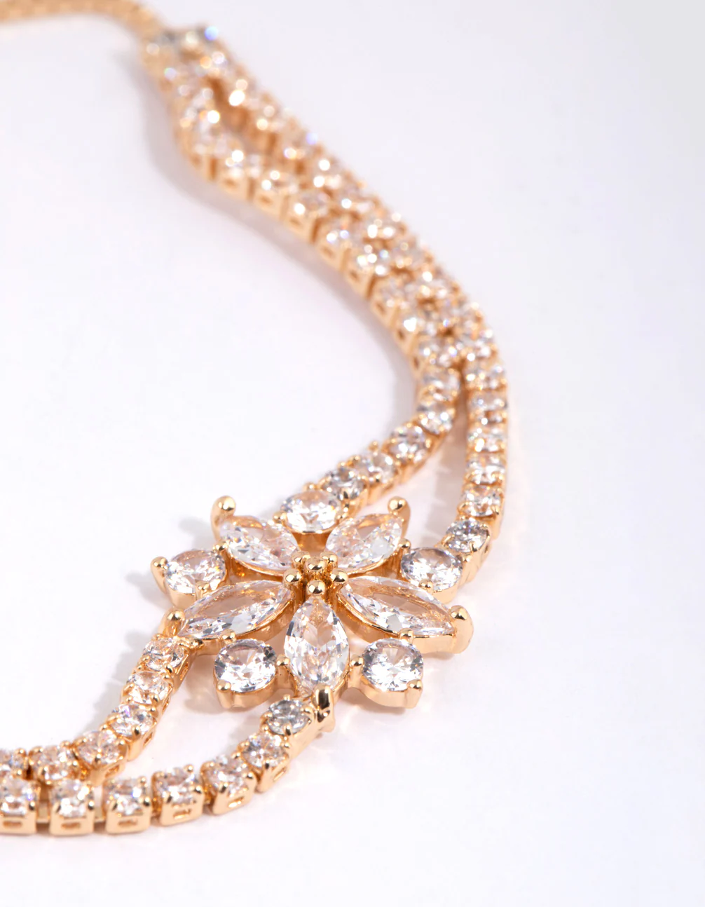 Gold Cubic Zirconia Cup Chain Flower Toggle Bracelet - Image 3