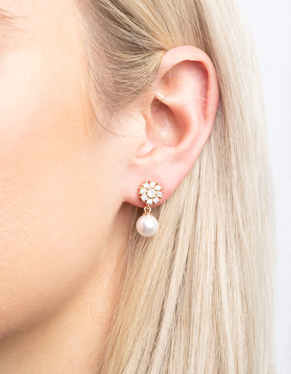 Gold Cubic Zirconia Flower & Pearl Drop Earrings - Image 2