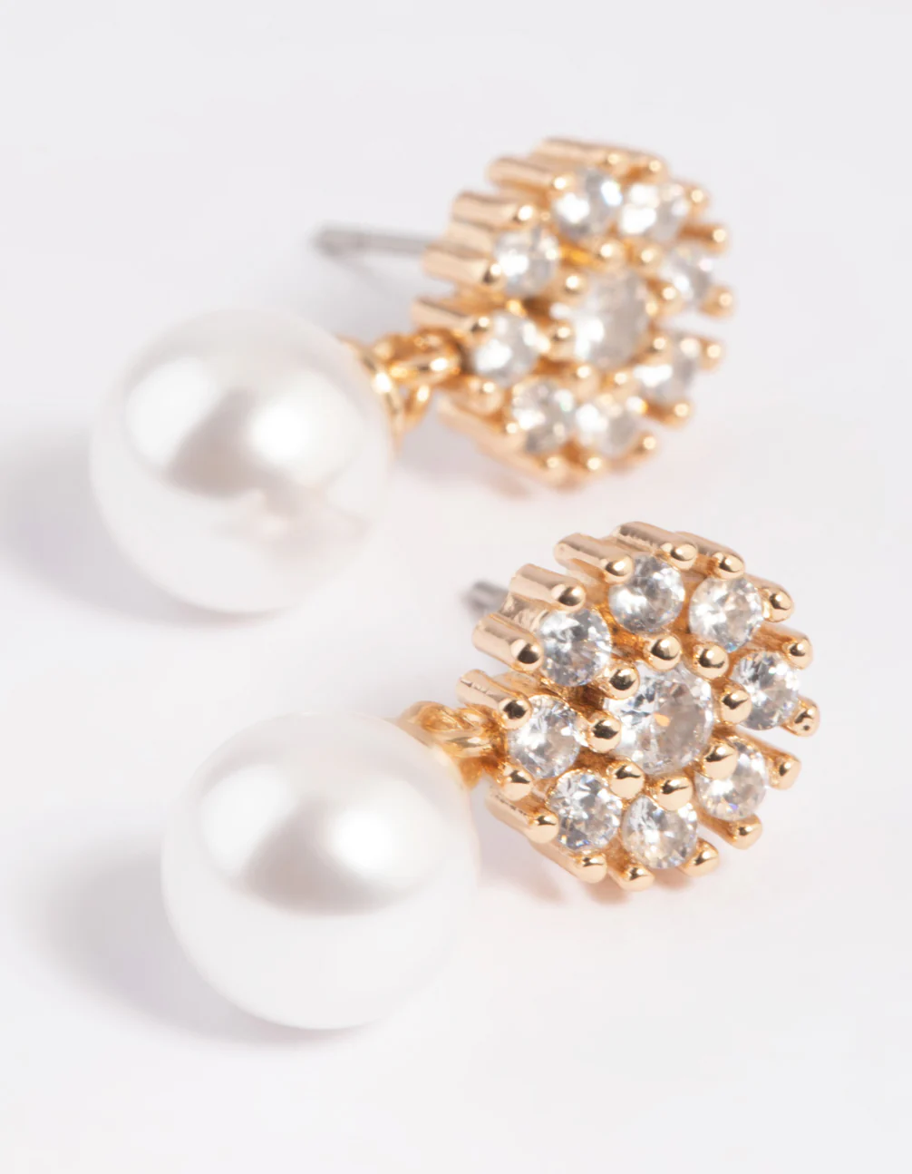 Gold Cubic Zirconia Flower & Pearl Drop Earrings - Image 3