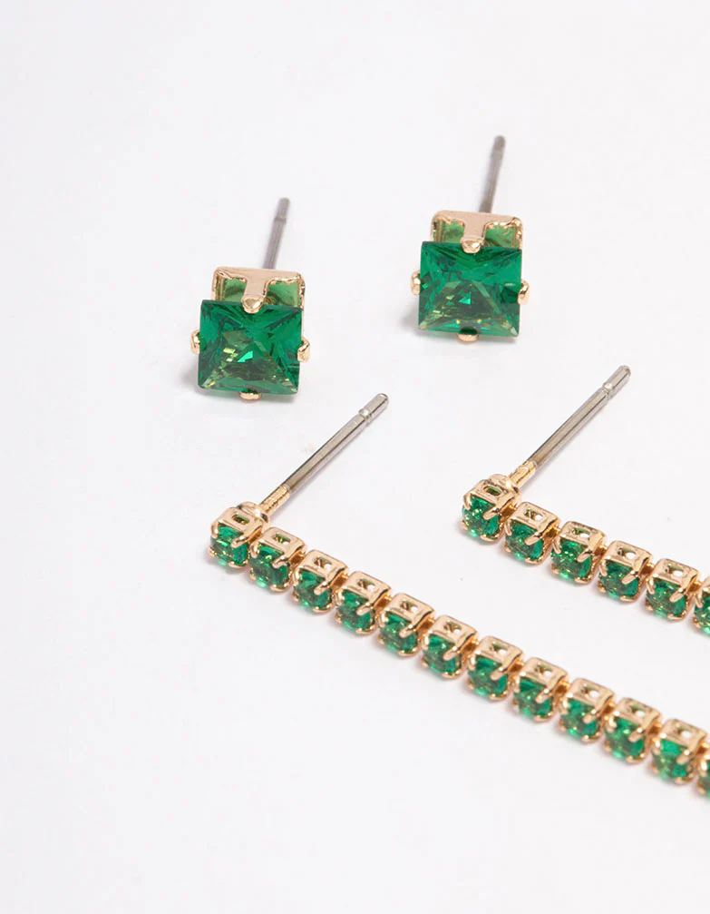 Gold Cubic Zirconia Mixed Stud & Drop Earring 3-Pack - Image 2