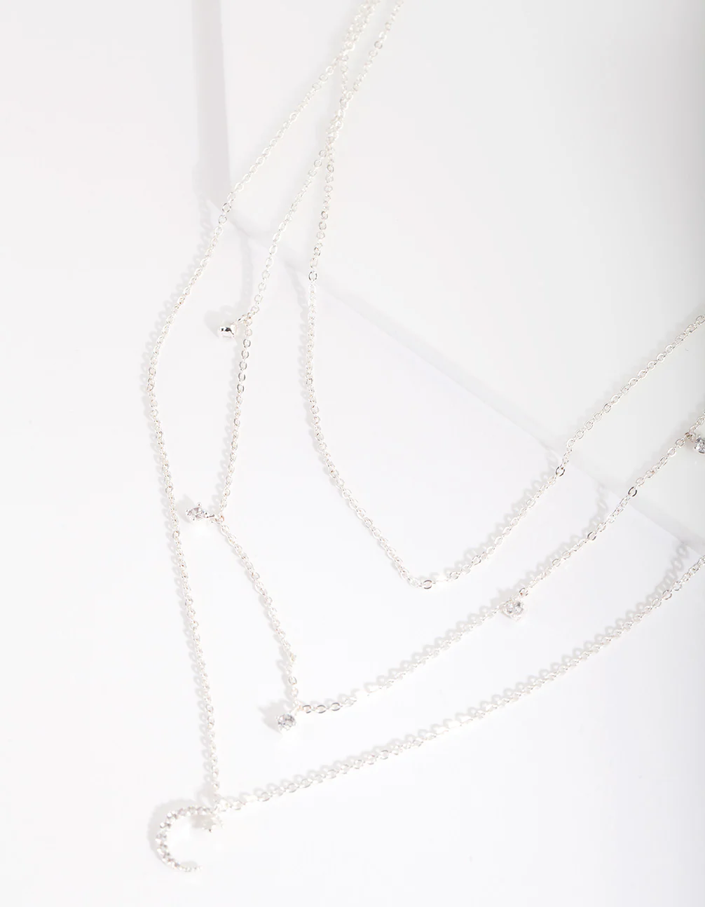Silver Cubic Zirconia 3 Row Moon & Droplet Necklace