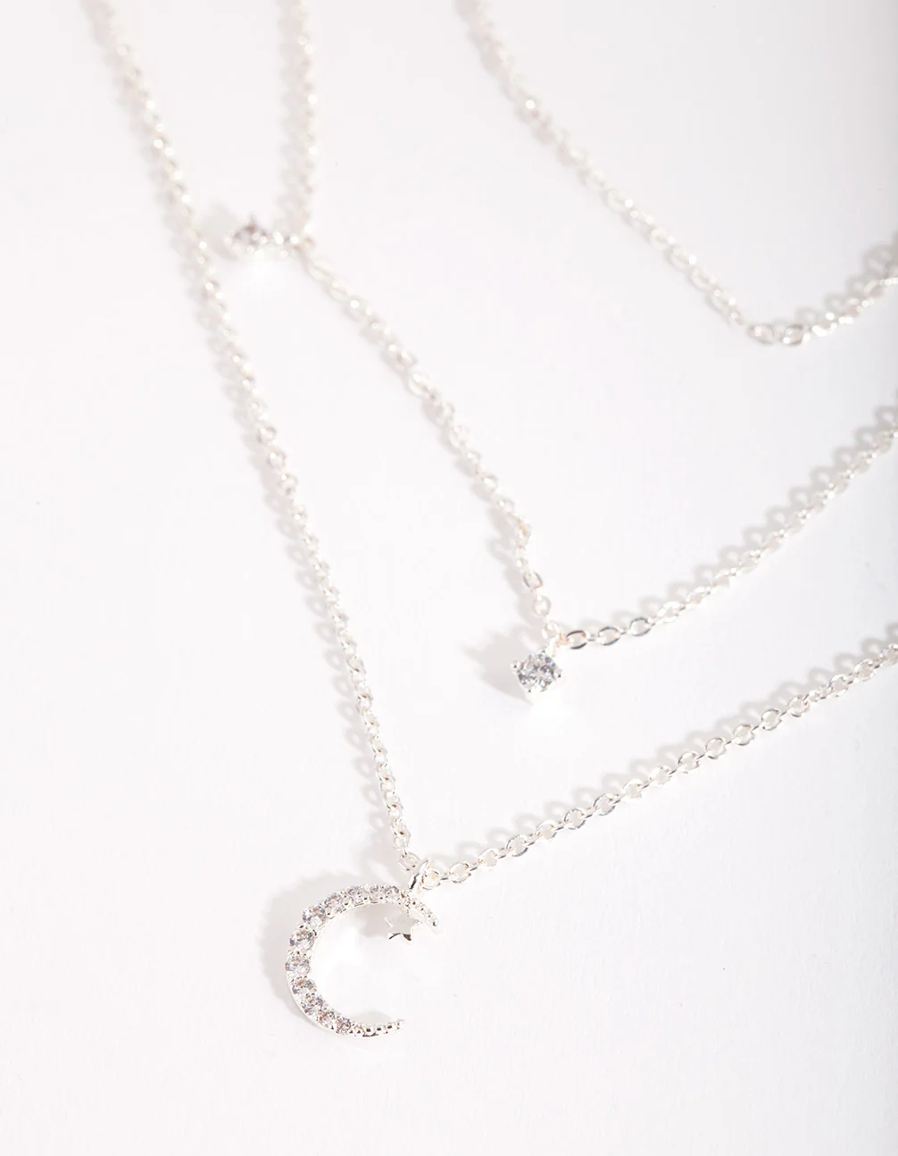 Silver Cubic Zirconia 3 Row Moon & Droplet Necklace - Image 3