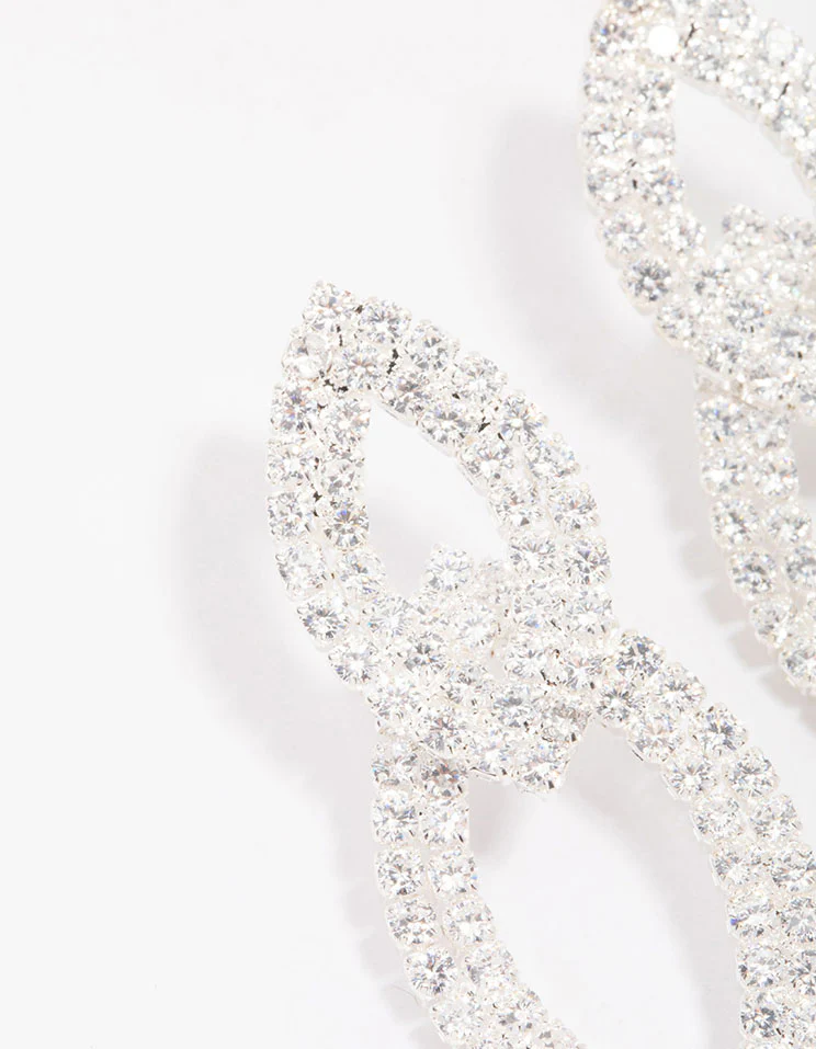Silver Cubic Zirconia Double Layered Drop Earrings - Image 3