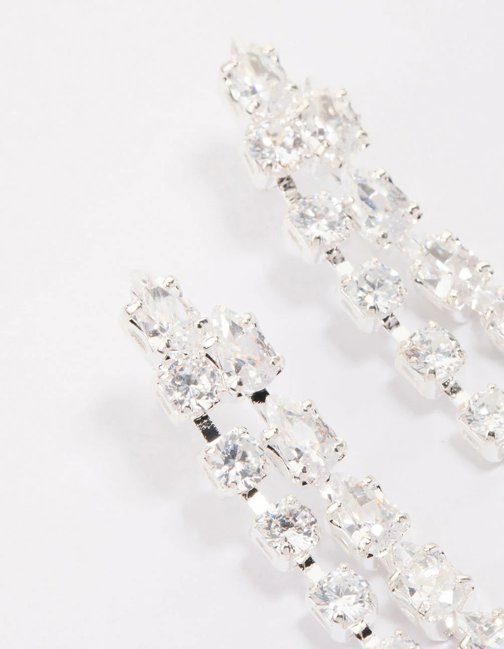 Silver Cubic Zirconia Double Row Square & Round Drop Earrings - Image 2