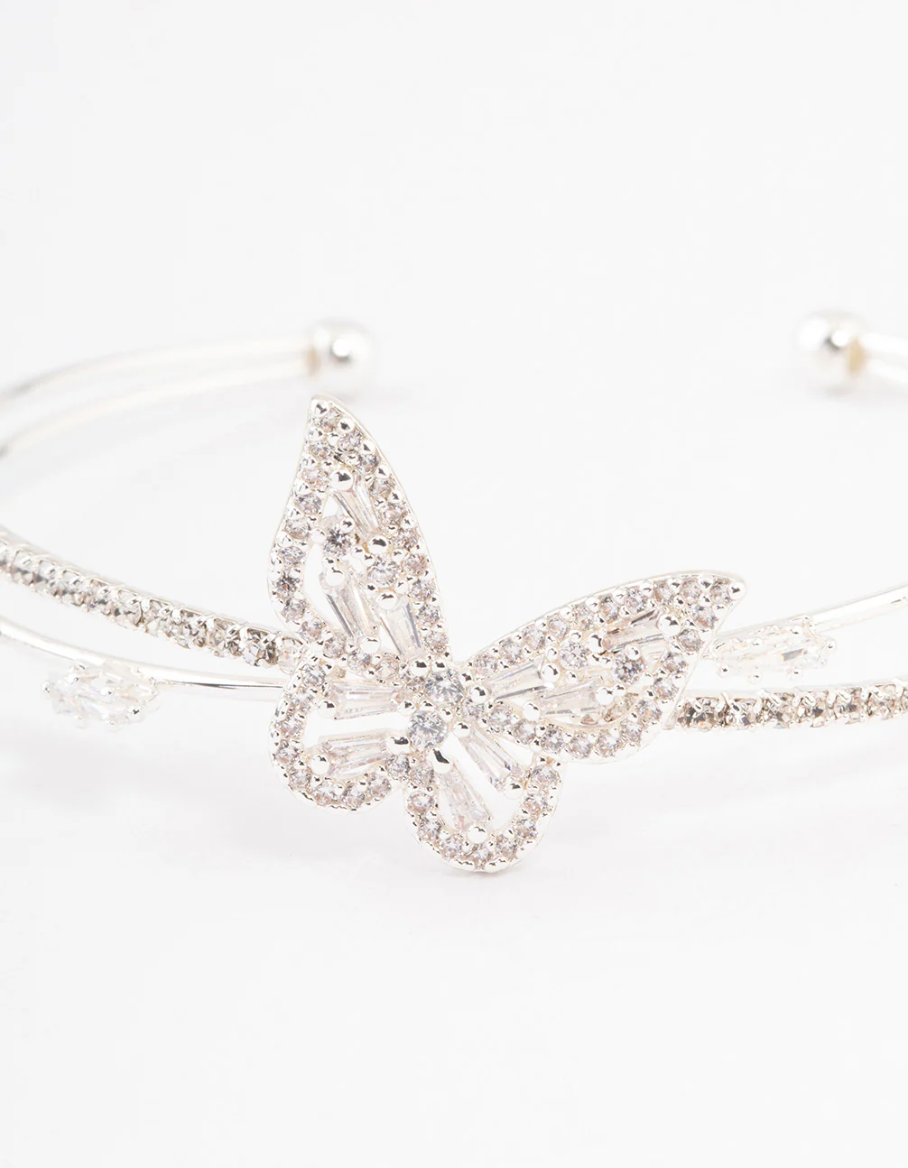 Silver Cubic Zirconia Butterfly Cross Over Cuff Bangle - Image 2