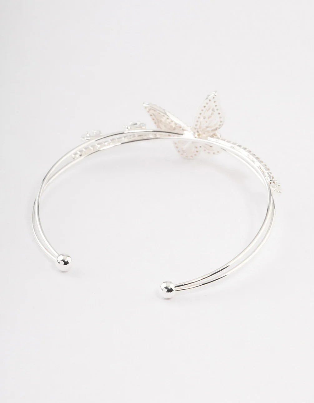Silver Cubic Zirconia Butterfly Cross Over Cuff Bangle - Image 3