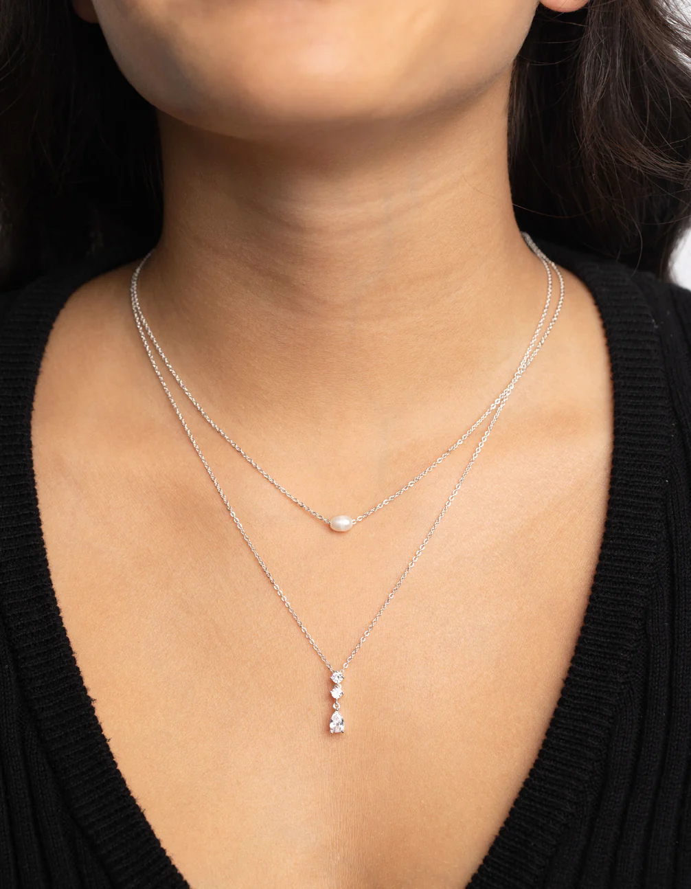 Silver Cubic Zirconia Freshwater Pearl Layered Necklace - Image 2