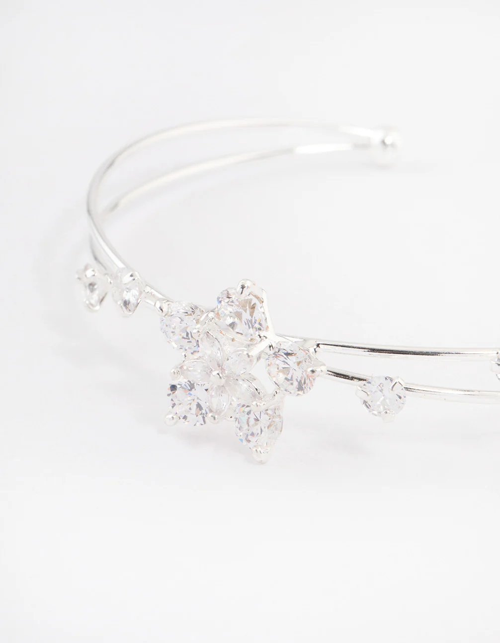 Silver Cubic Zirconia Flower Cross Over Cuff Bangle - Image 2