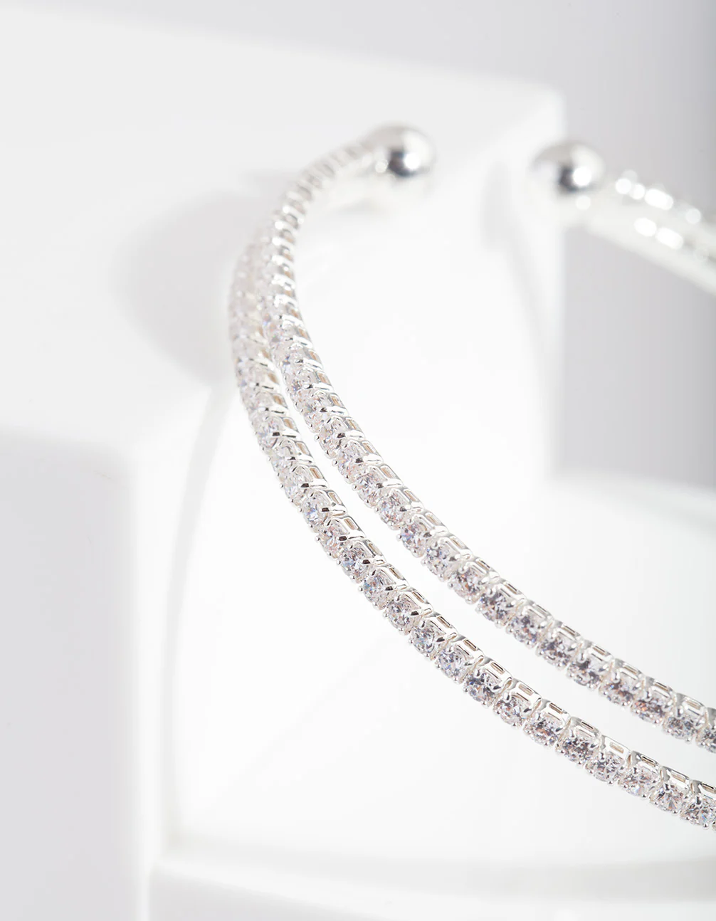 Silver Cubic Zirconia 2 Row Cuff Bracelet - Image 2