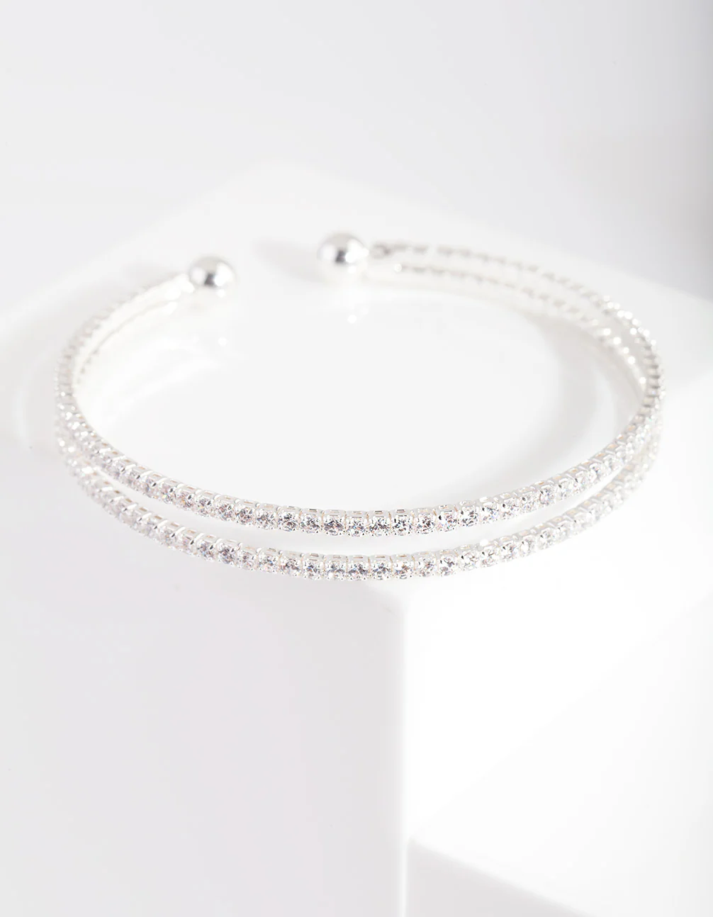 Silver Cubic Zirconia 2 Row Cuff Bracelet - Image 3