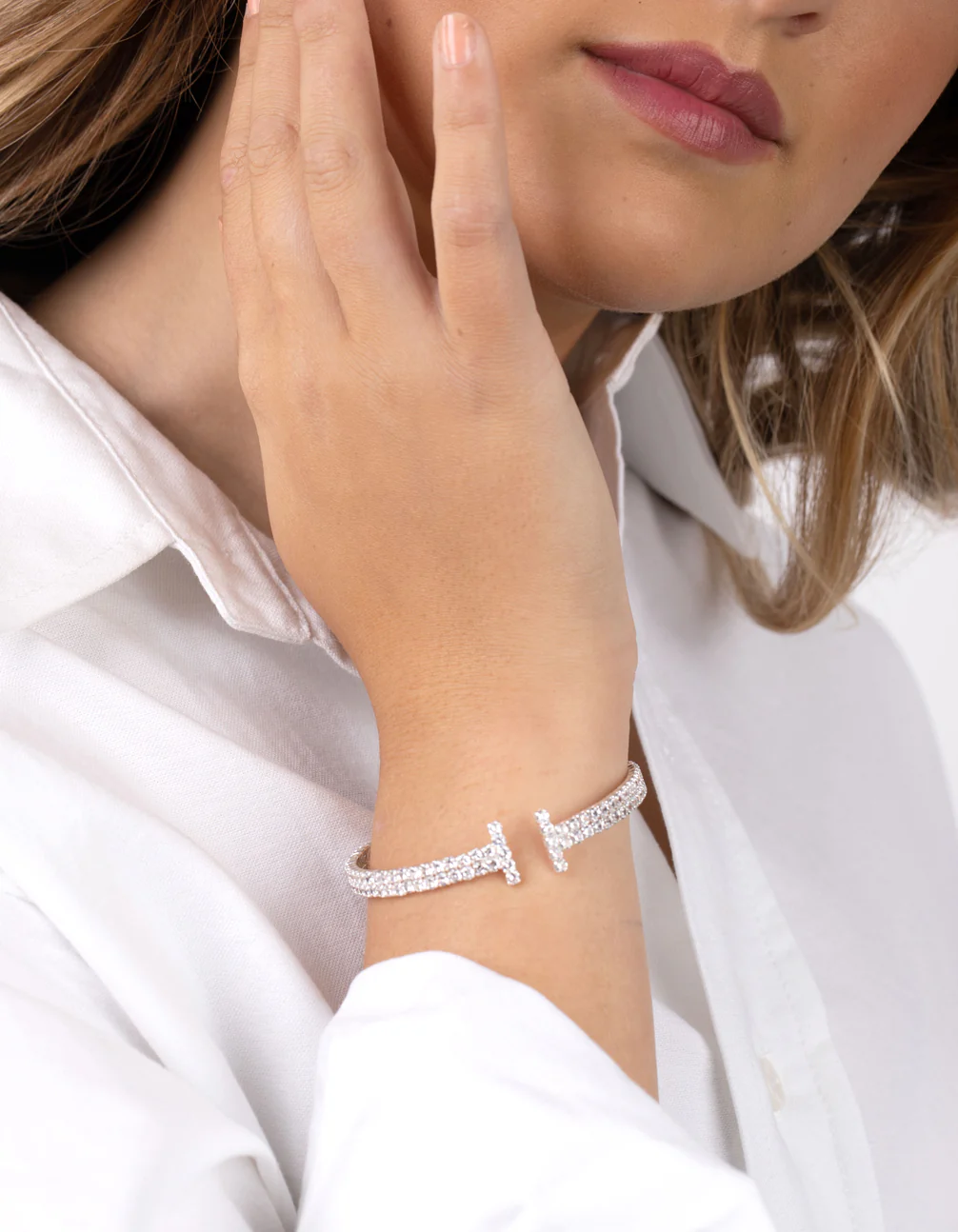 Silver Cubic Zirconia Row T Cuff Bracelet - Image 2