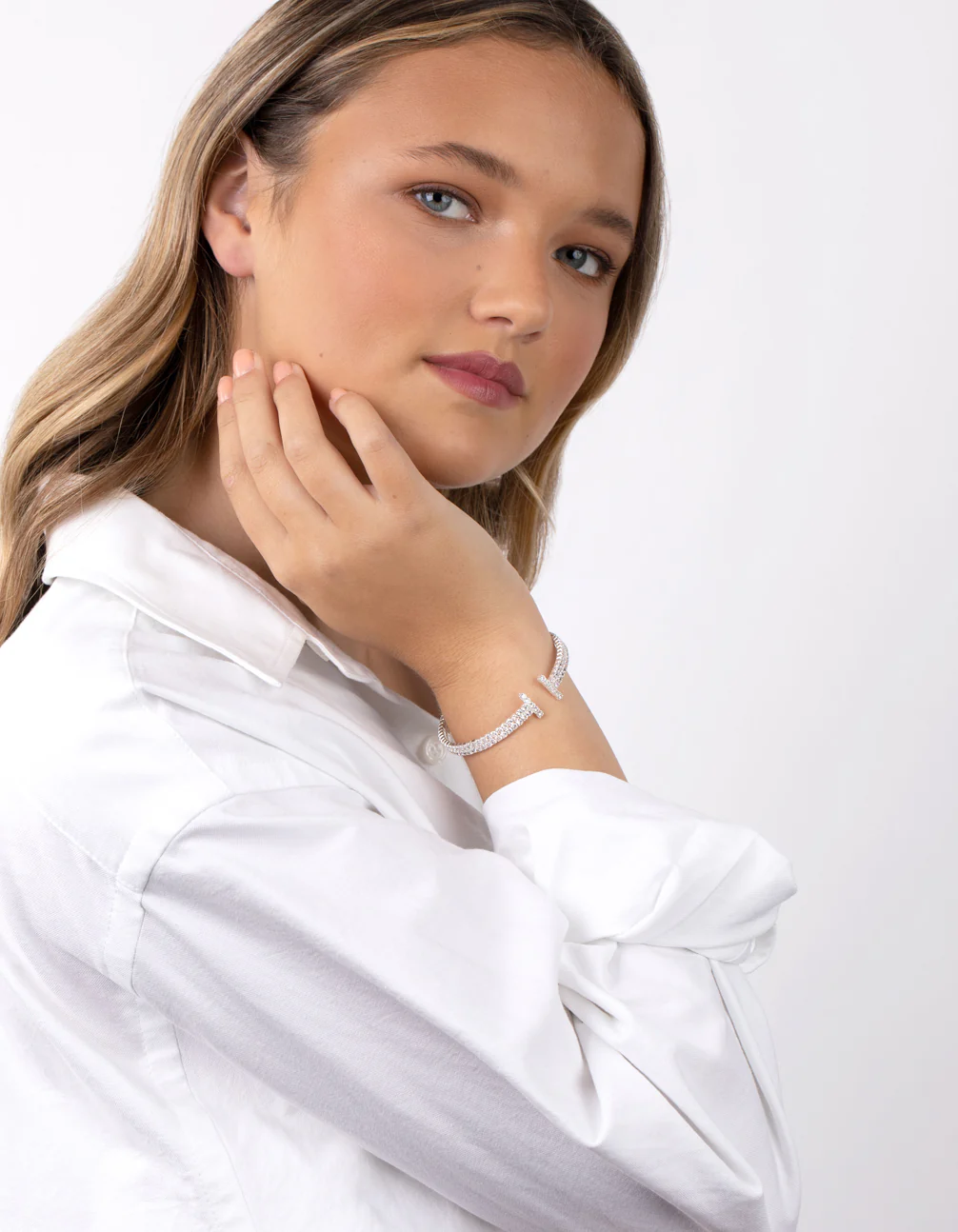Silver Cubic Zirconia Row T Cuff Bracelet - Image 4