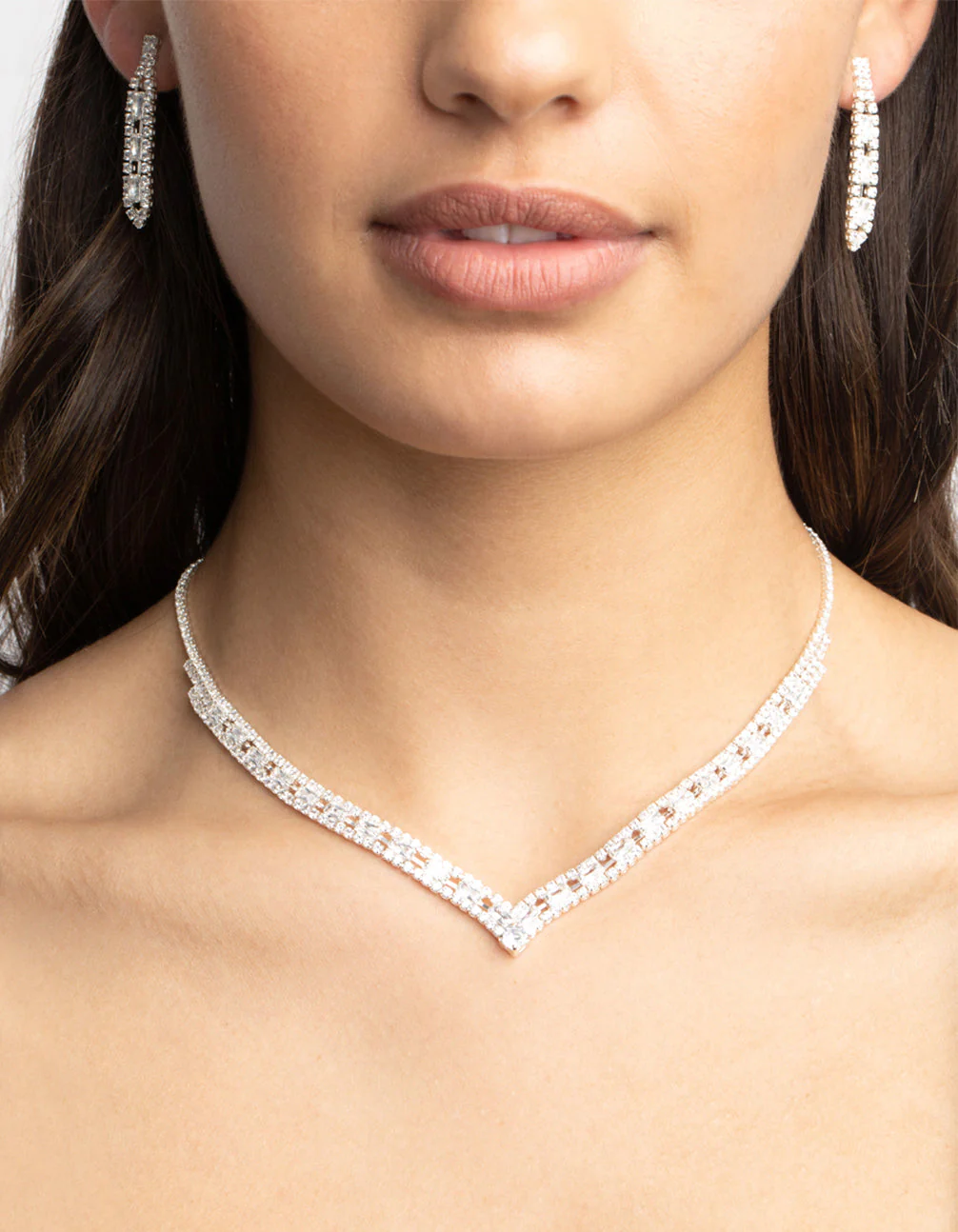Silver Cubic Zirconia Statement Necklace & Earrings Set - Image 2