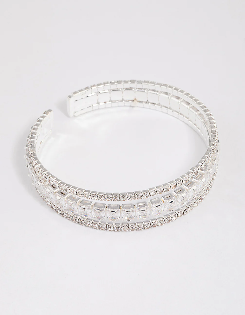 Silver Cubic Zirconia Trio Layer Cuff Bangle - Image 2