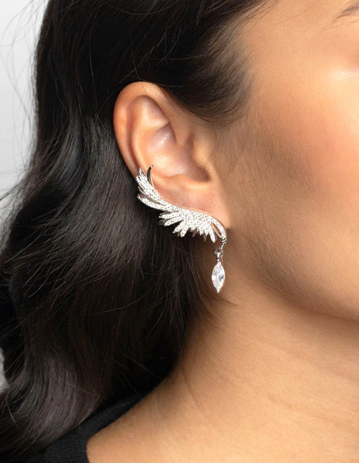 Silver Cubic Zirconia Wing Cuff Earrings - Image 2
