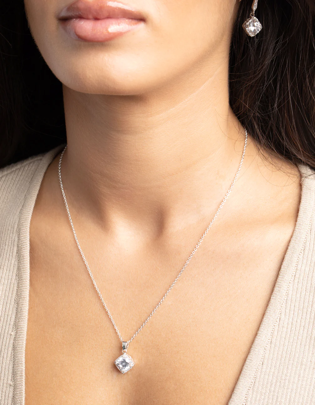 Silver Square Cut Cubic Zirconia Necklace & Earrings Set - Image 2
