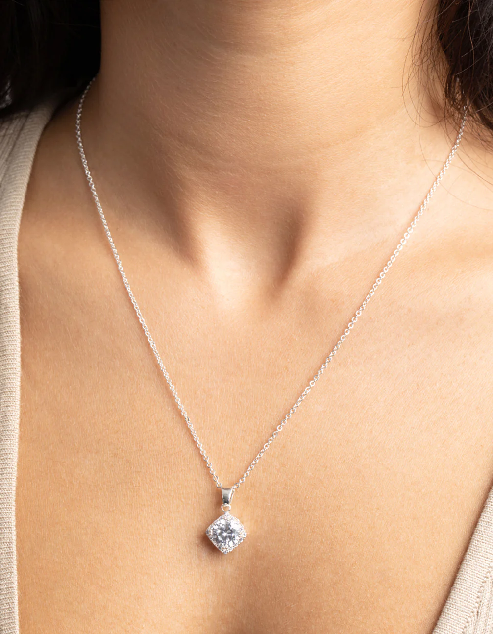 Silver Square Cut Cubic Zirconia Necklace & Earrings Set - Image 3