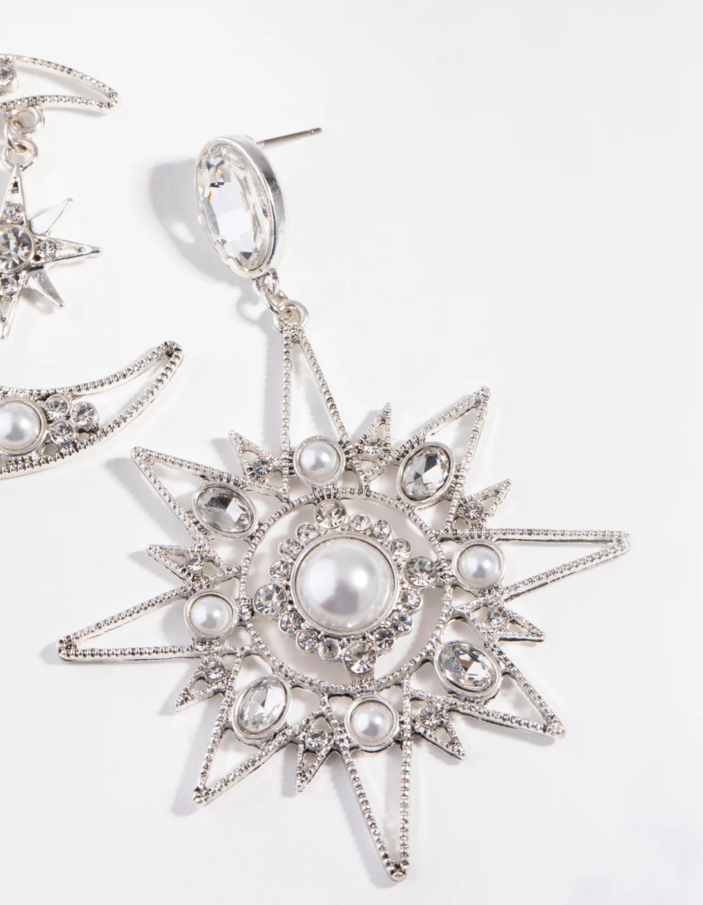 Antique Silver Statement Star & Moon Earrings - Image 3