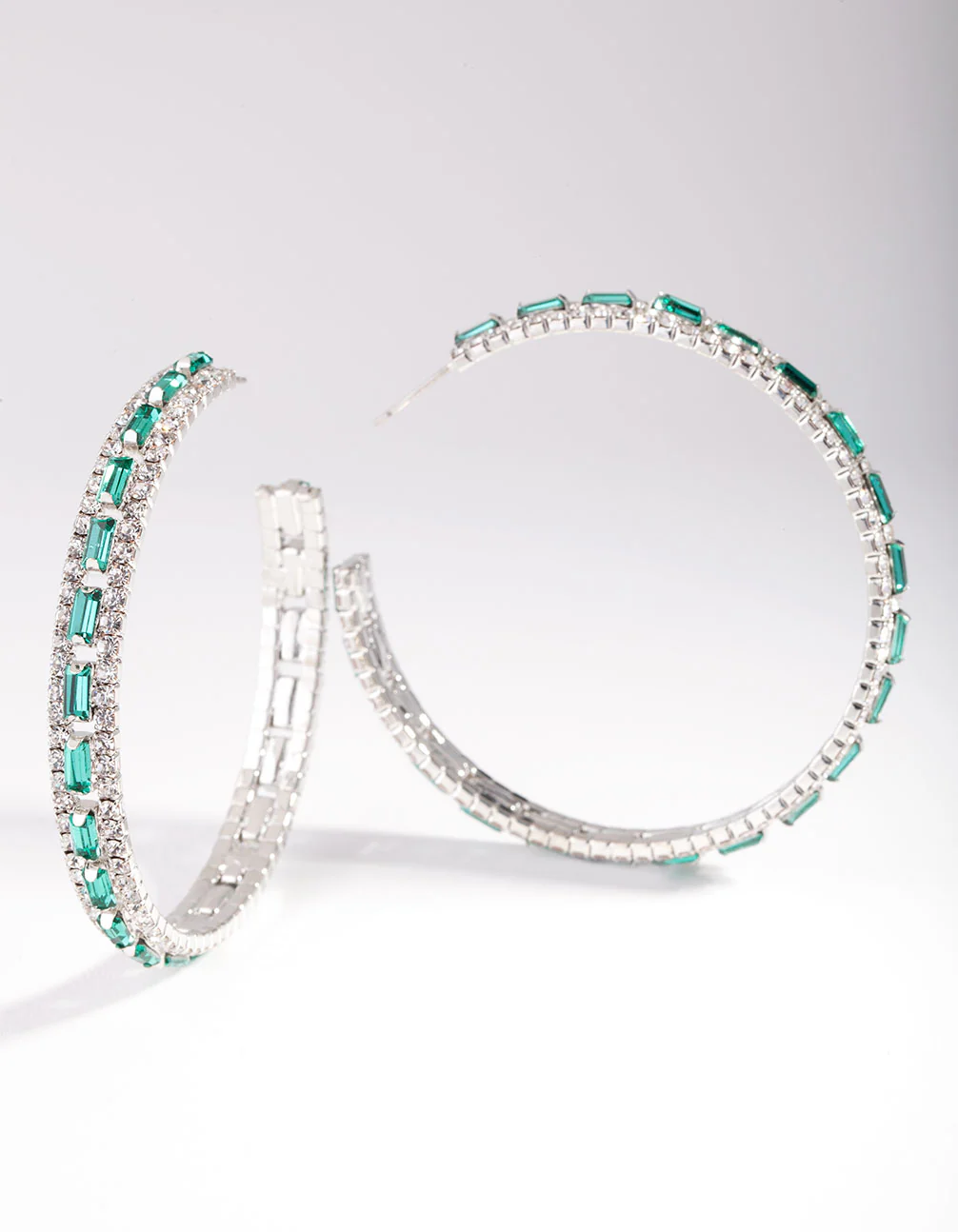 Silver Green Baguette Stone Centre Hoop Earrings - Image 2