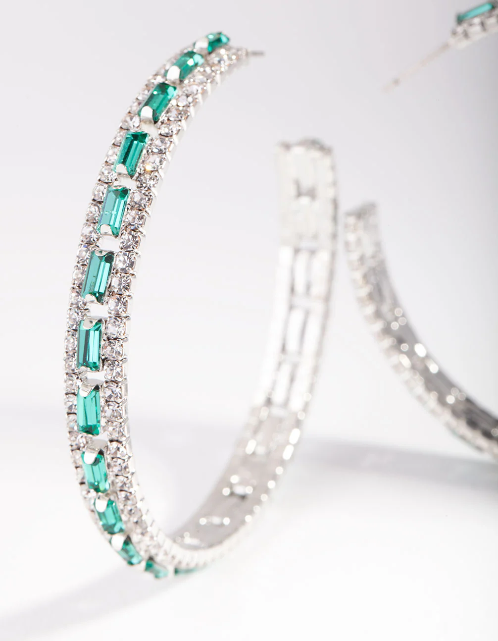Silver Green Baguette Stone Centre Hoop Earrings - Image 3