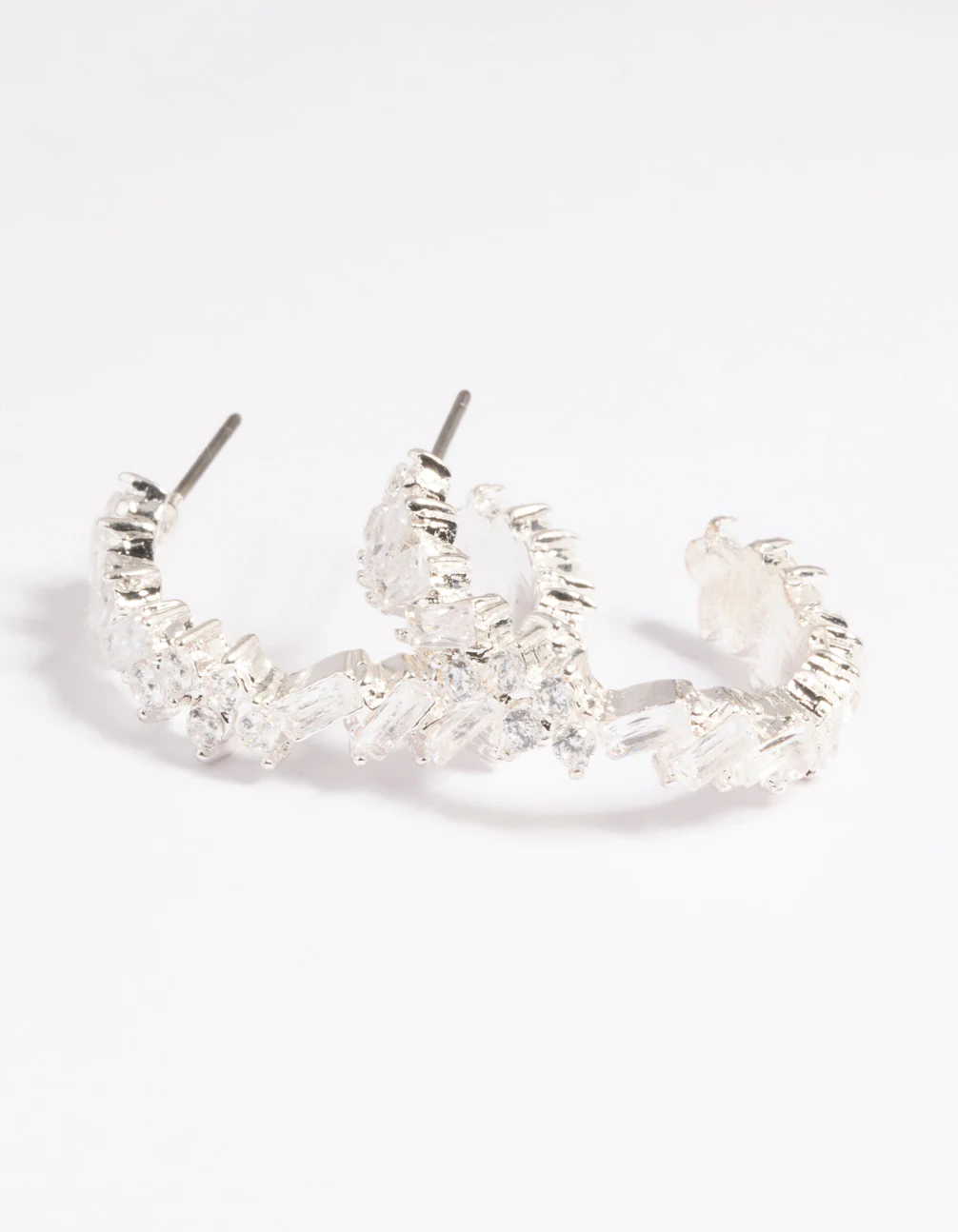 Silver Cubic Zirconia Baguette Hoop Earrings - Image 3