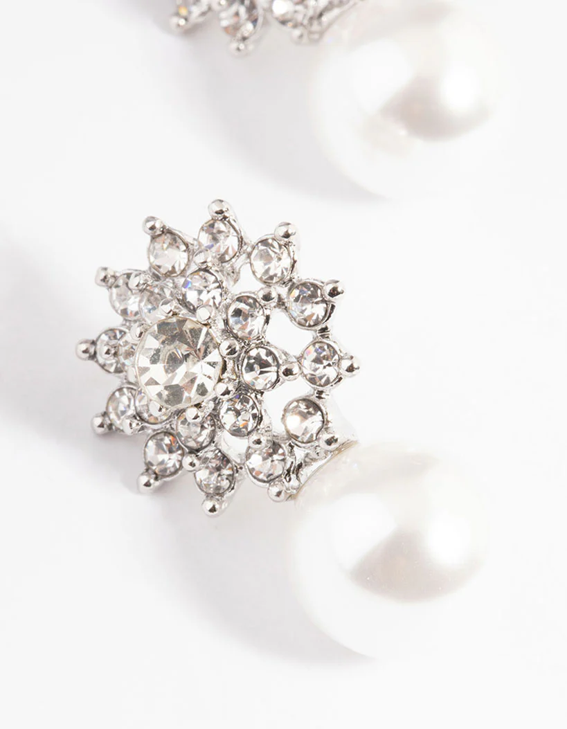Silver Diamante Swirl Pearl Stud Earrings - Image 2
