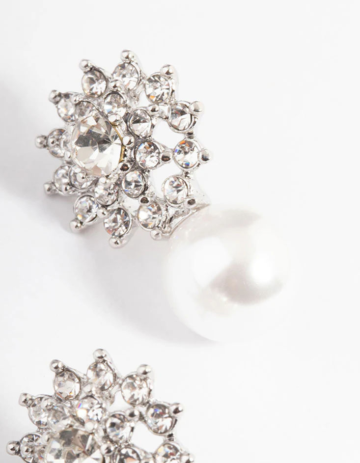 Silver Diamante Swirl Pearl Stud Earrings - Image 3