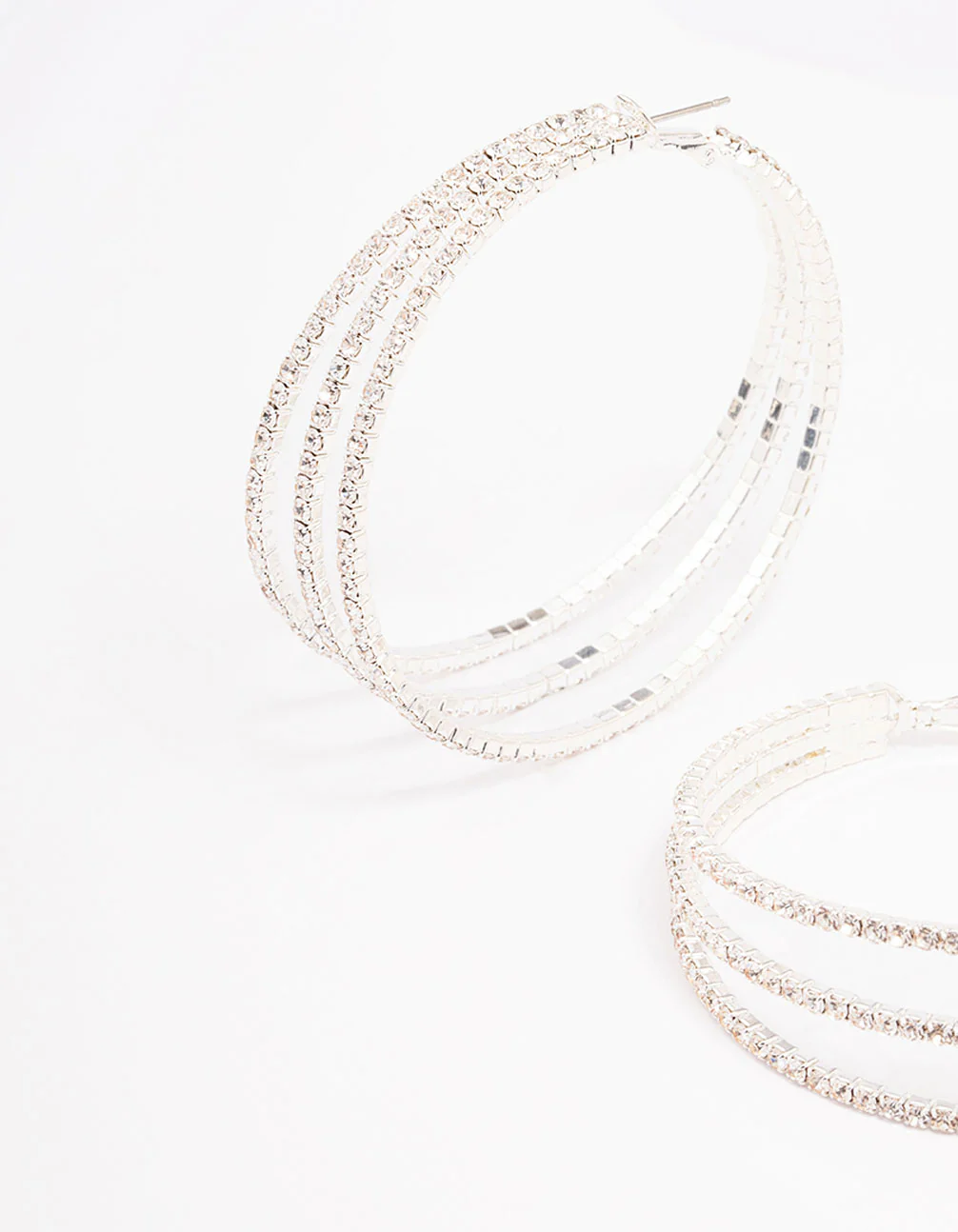 Silver Medium Triple Row Diamante Hoop Earrings - Image 2
