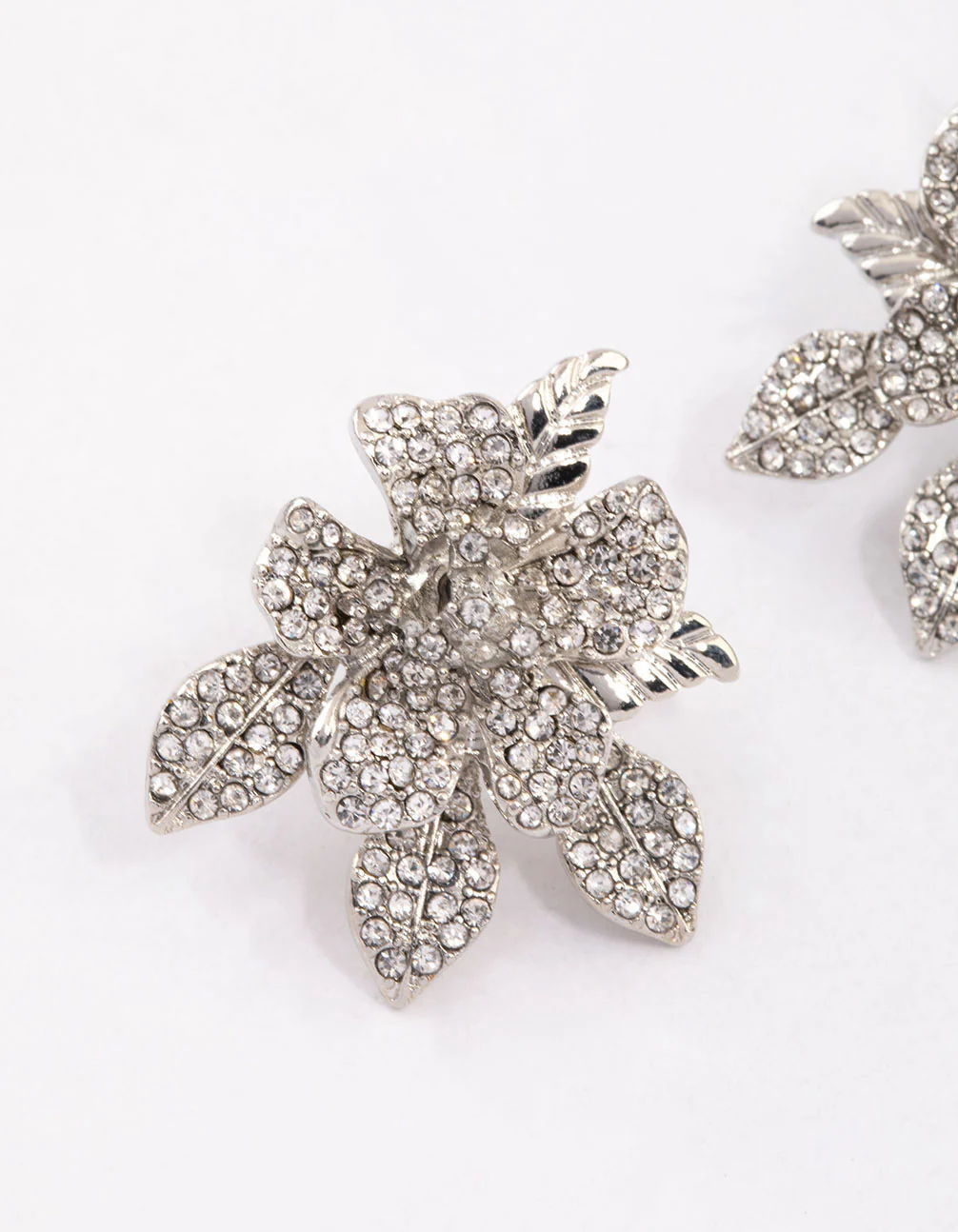Silver Diamante Pave Flower Stud Earrings - Image 2