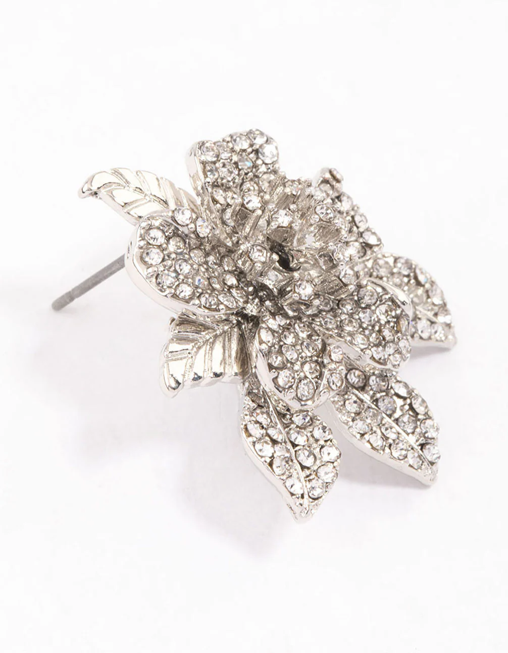 Silver Diamante Pave Flower Stud Earrings - Image 3