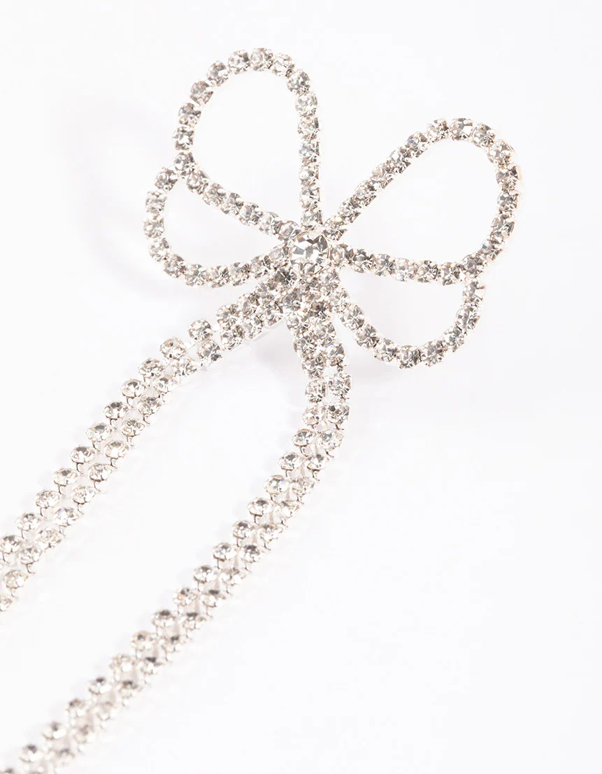 Silver Big Bow Diamante Drop Earrings - Image 3