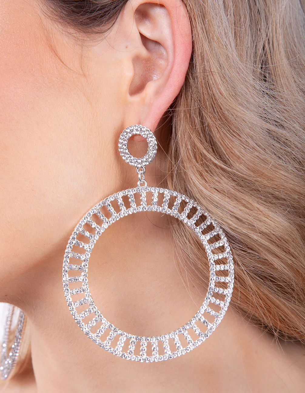 Silver Diamante Cutout Disc Earrings - Image 2