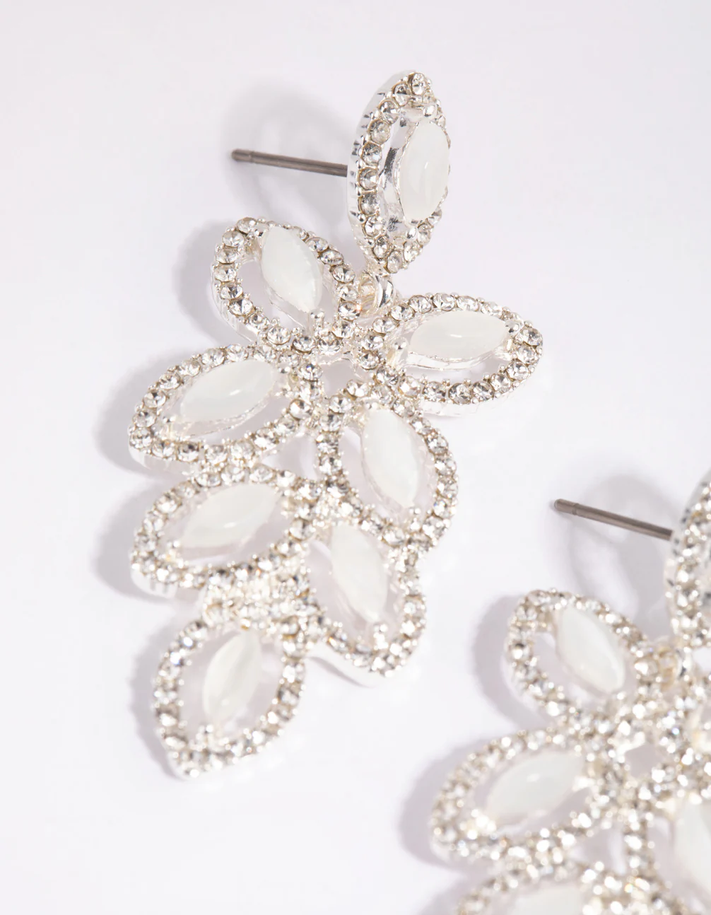 Silver Flower Cut Out Diamante Drop Earrings - Image 2