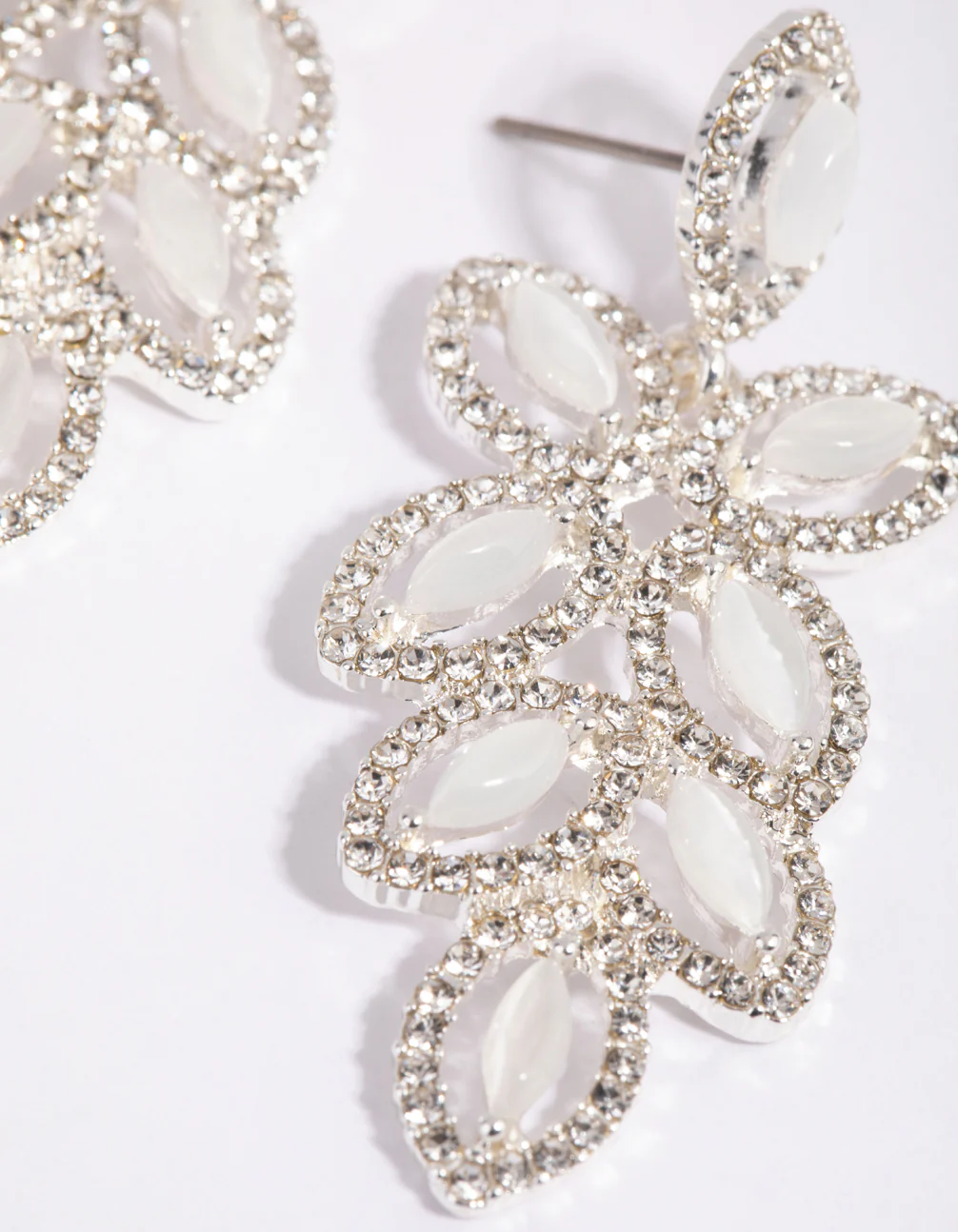 Silver Flower Cut Out Diamante Drop Earrings - Image 3