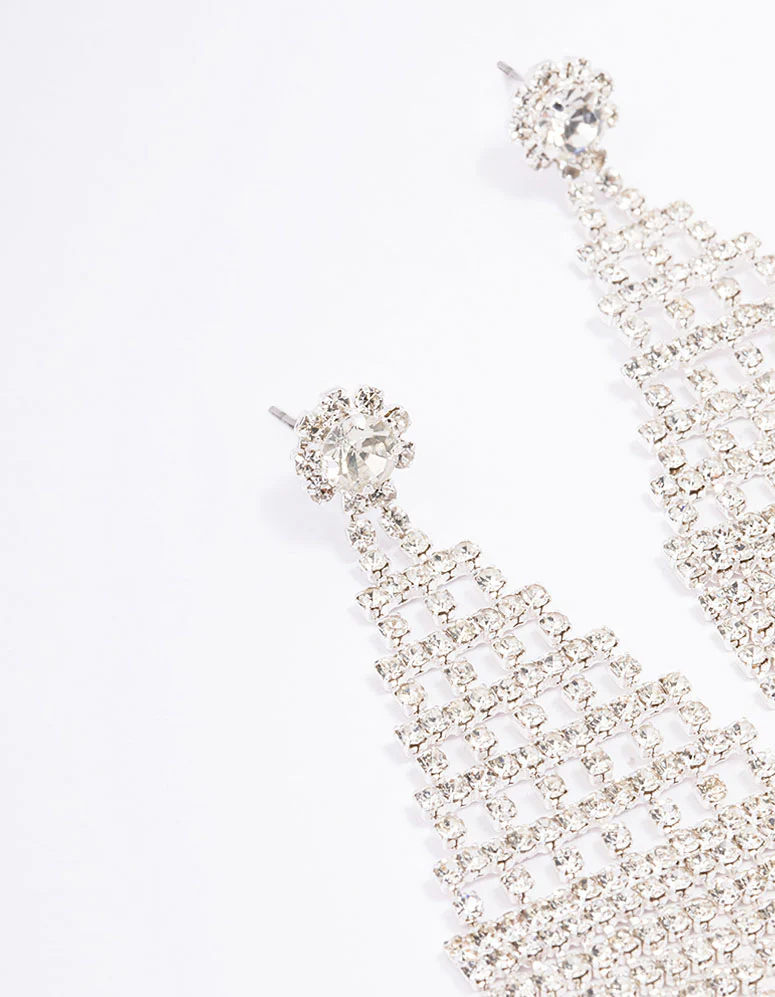 Silver Medium Diamante Cup Chain Drop Earrings - Image 2