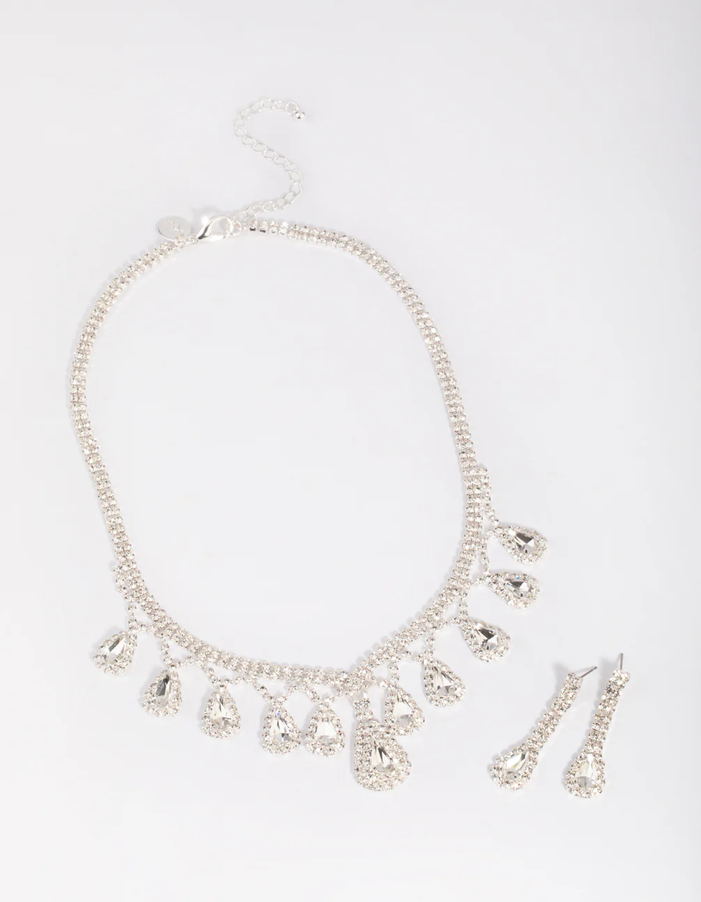 Silver Teardrop Diamante Statement Necklace & Earrings Set - Image 2
